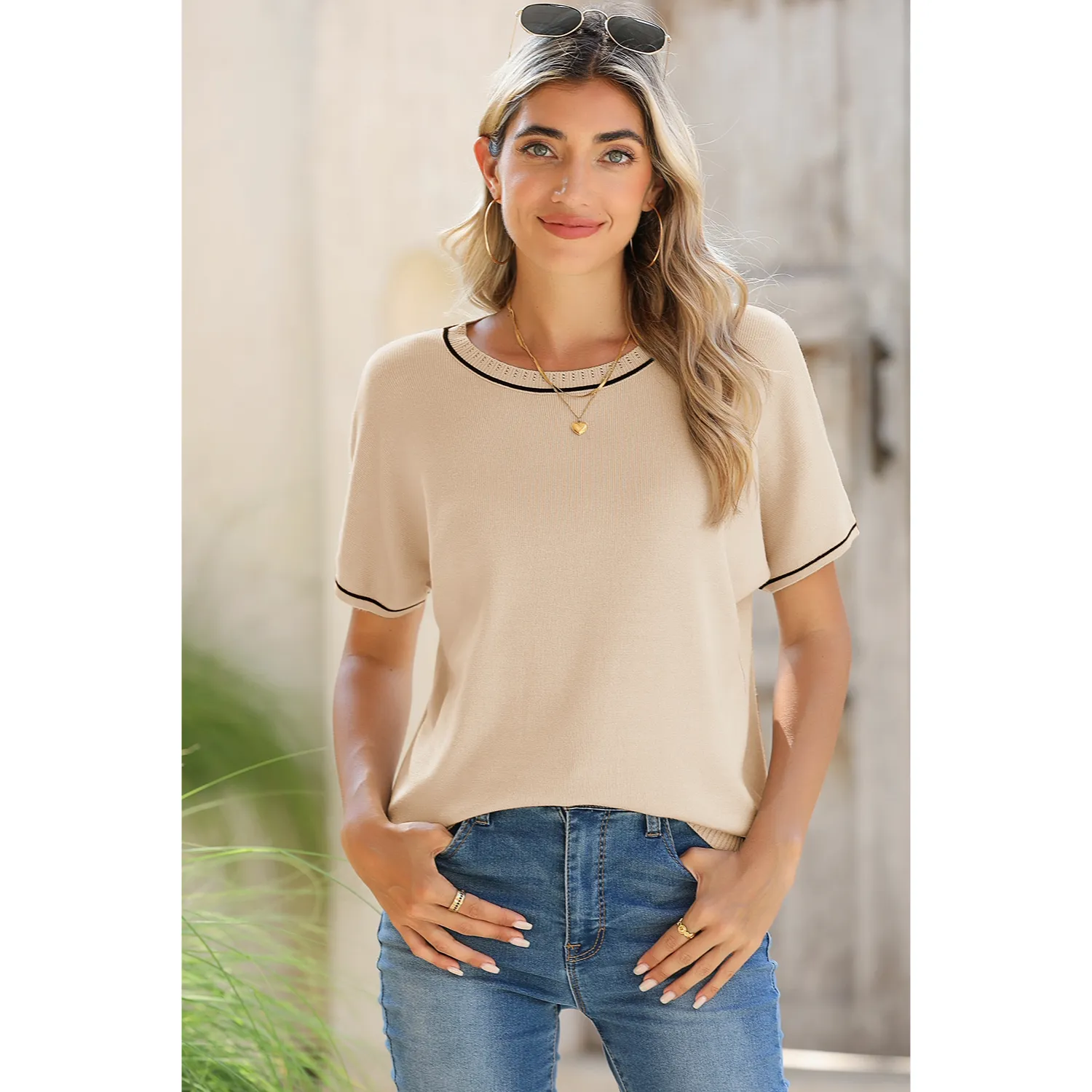 Women's Soft Knit Summer Tops - Crewneck Lightweight Short Sleeve Shirts-Apricot