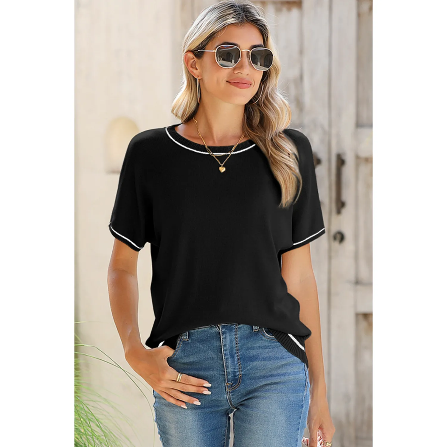 Women's Soft Knit Summer Tops - Crewneck Lightweight Short Sleeve Shirts-Black