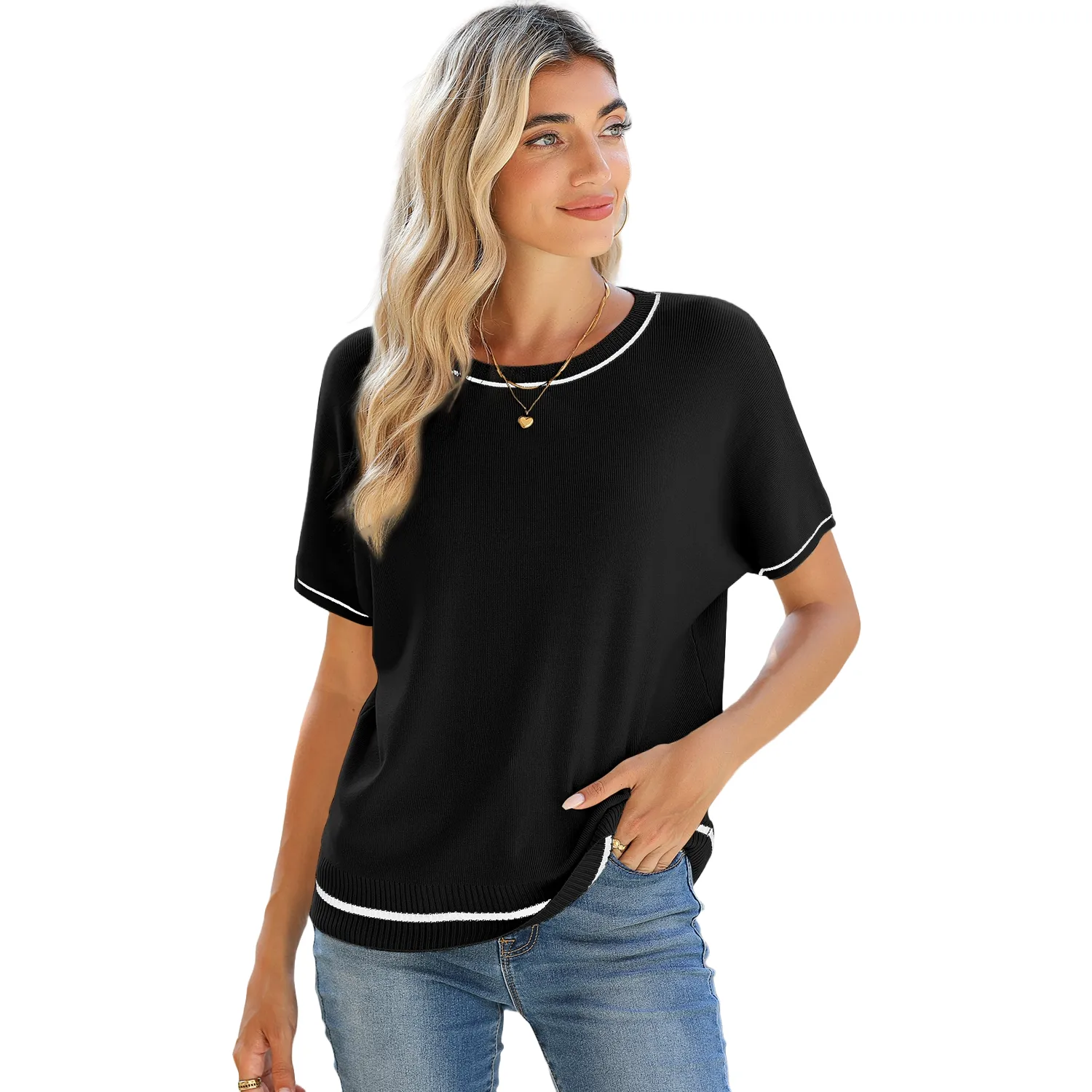 Women's Soft Knit Summer Tops - Crewneck Lightweight Short Sleeve Shirts-Black