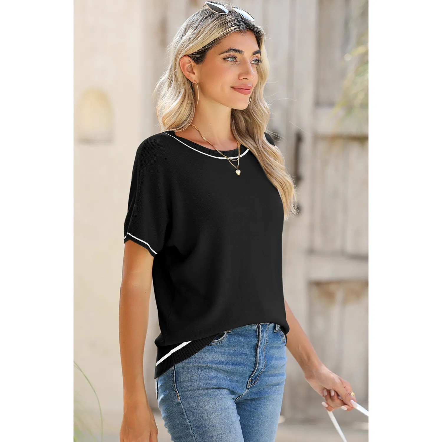 Women's Soft Knit Summer Tops - Crewneck Lightweight Short Sleeve Shirts-Black