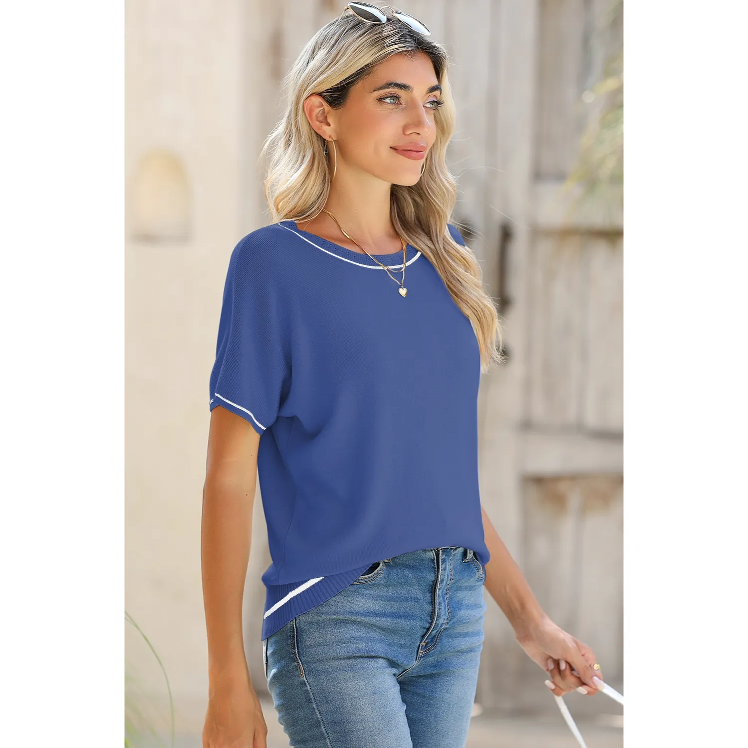 Women's Soft Knit Summer Tops - Crewneck Lightweight Short Sleeve Shirts-Blue