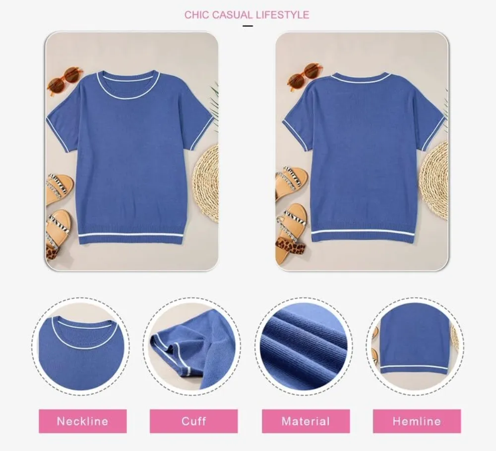 Women's Soft Knit Summer Tops - Crewneck Lightweight Short Sleeve Shirts-Blue