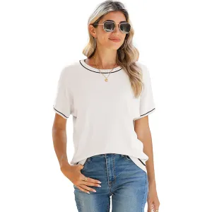 Women's Soft Knit Summer Tops - Crewneck Lightweight Short Sleeve Shirts-White