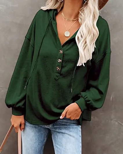 Womens V Neck Long Sleeve Button Down Sweatshirts Hoodies Tunic Tops with Drawstring