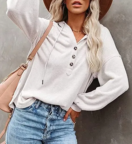 Womens V Neck Long Sleeve Button Down Sweatshirts Hoodies Tunic Tops with Drawstring