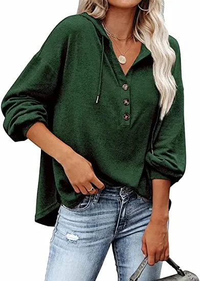 Womens V Neck Long Sleeve Button Down Sweatshirts Hoodies Tunic Tops with Drawstring