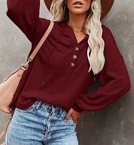 Womens V Neck Long Sleeve Button Down Sweatshirts Hoodies Tunic Tops with Drawstring