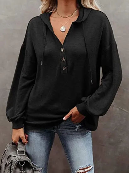 Womens V Neck Long Sleeve Button Down Sweatshirts Hoodies Tunic Tops with Drawstring