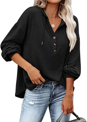 Womens V Neck Long Sleeve Button Down Sweatshirts Hoodies Tunic Tops with Drawstring