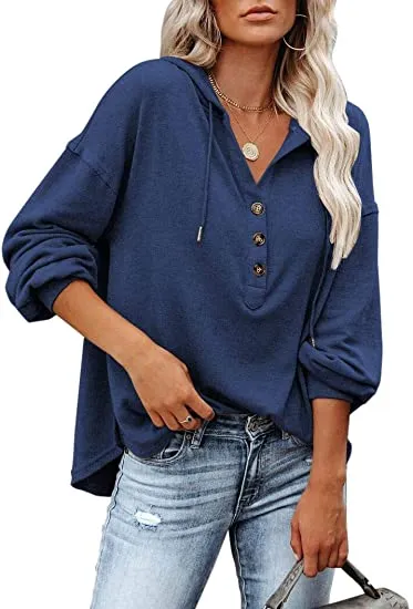 Womens V Neck Long Sleeve Button Down Sweatshirts Hoodies Tunic Tops with Drawstring