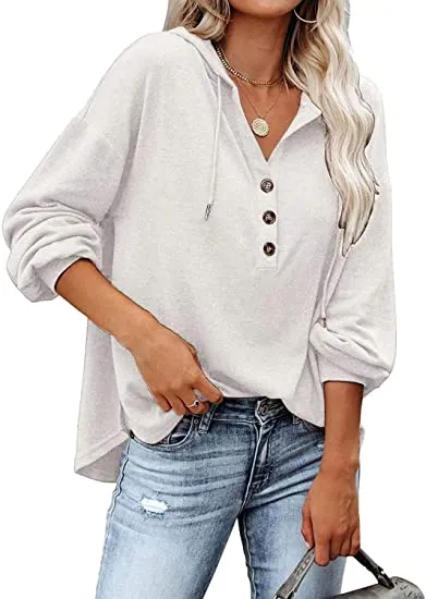 Womens V Neck Long Sleeve Button Down Sweatshirts Hoodies Tunic Tops with Drawstring