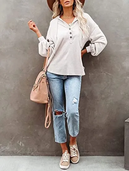 Womens V Neck Long Sleeve Button Down Sweatshirts Hoodies Tunic Tops with Drawstring