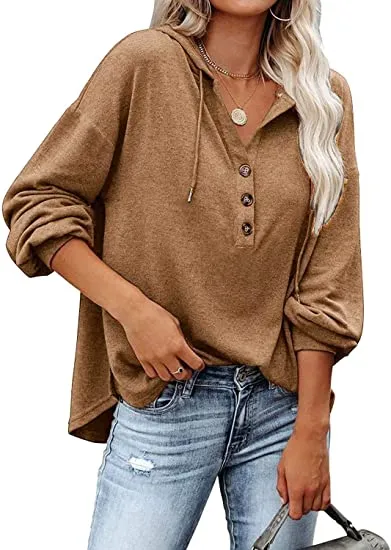 Womens V Neck Long Sleeve Button Down Sweatshirts Hoodies Tunic Tops with Drawstring