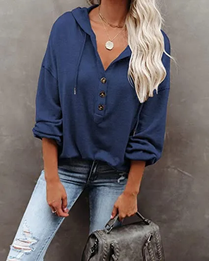 Womens V Neck Long Sleeve Button Down Sweatshirts Hoodies Tunic Tops with Drawstring