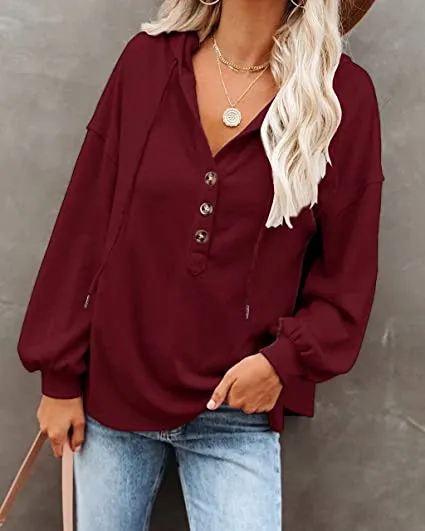 Womens V Neck Long Sleeve Button Down Sweatshirts Hoodies Tunic Tops with Drawstring