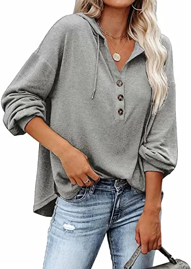 Womens V Neck Long Sleeve Button Down Sweatshirts Hoodies Tunic Tops with Drawstring