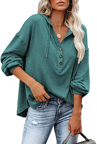 Womens V Neck Long Sleeve Button Down Sweatshirts Hoodies Tunic Tops with Drawstring